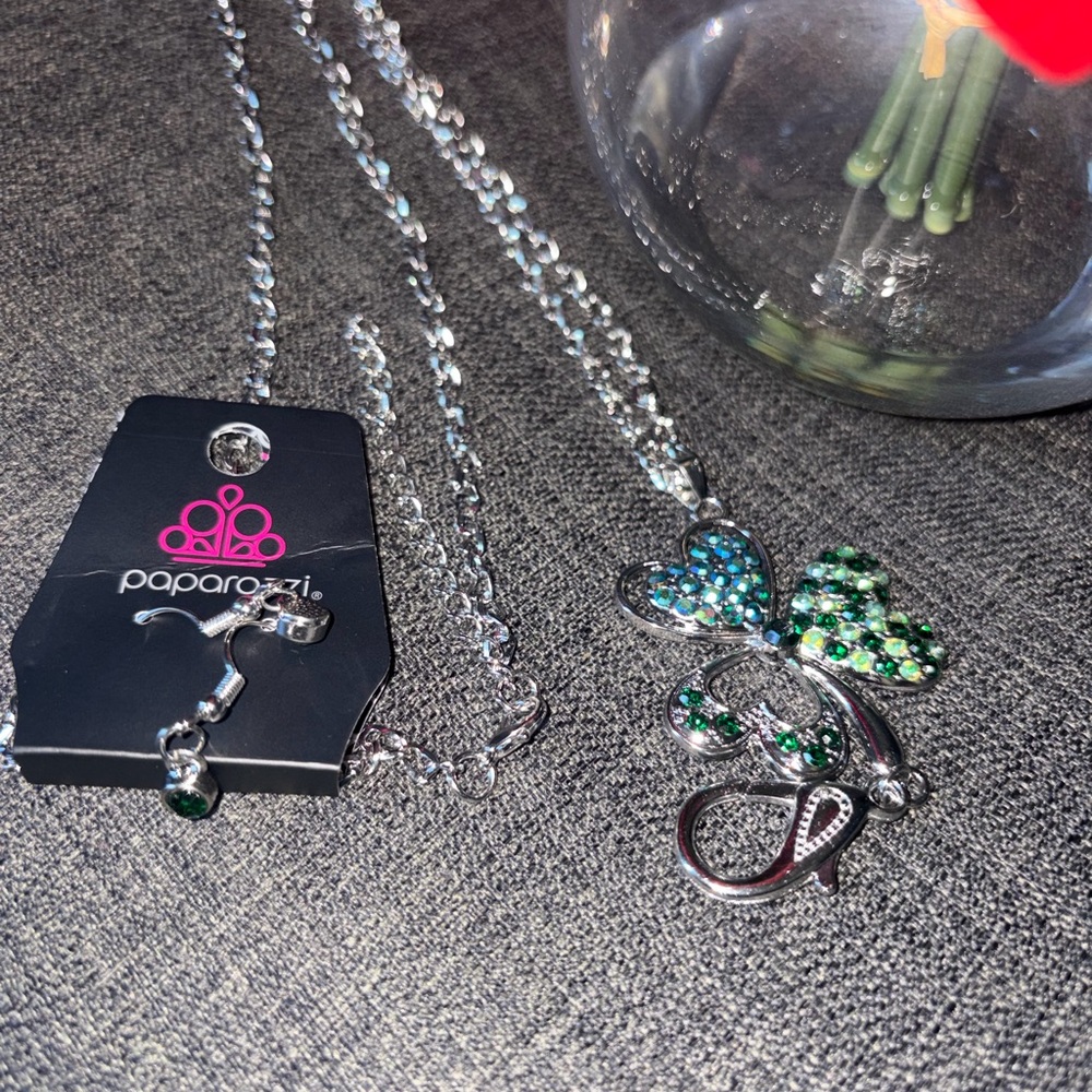 Paparazzi Silver Four-Leaf Clover Necklace with Green and Teal Rhinestones